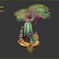 Cartoon Scene Featuring Floating Island With Green Tree Cactus House Red Door And Small Plants