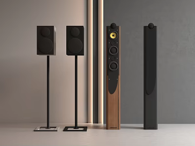 Modern Home Audio Speakers Setup With Black Bookshelf Stands And Wooden Floorstanding Designs 3d model