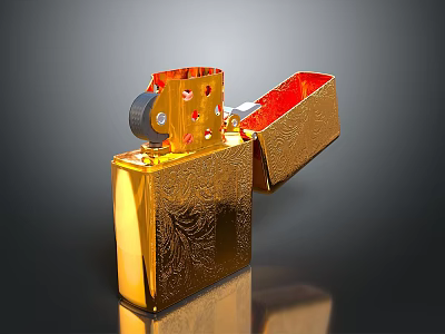 Golden Lighter with Engraved Pattern Open Red Interior and Reflection 3d model