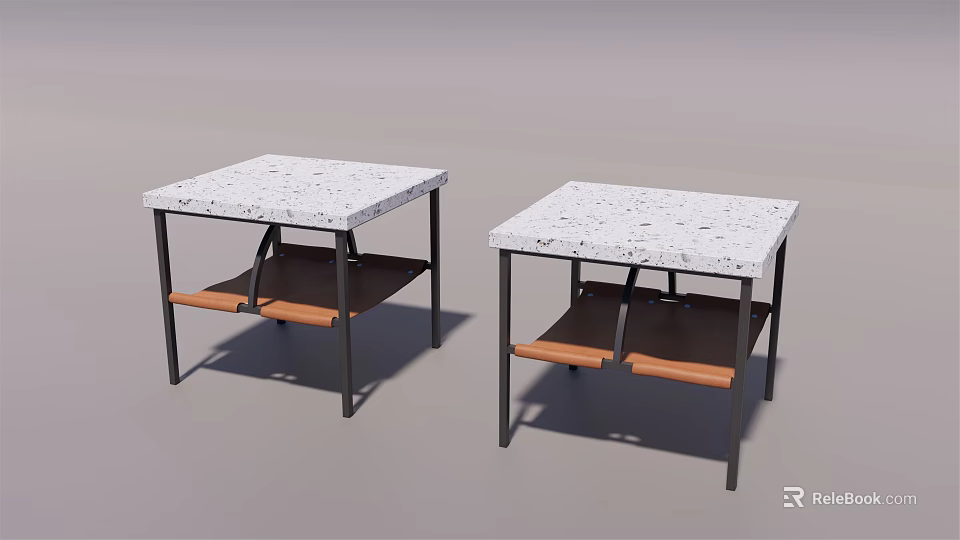 Side Tables with White Speckled Tabletop Black Metal Frames and Wooden Shelves for Living Room 3d model 