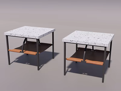 Side Tables with White Speckled Tabletop Black Metal Frames and Wooden Shelves for Living Room 3d model