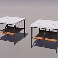 Side Tables with White Speckled Tabletop Black Metal Frames and Wooden Shelves for Living Room