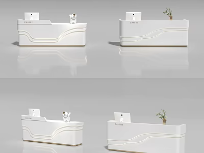 Sleek Modern Store Front Desk With White Curved Design Computer And Potted Plant 3d model