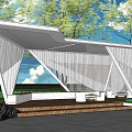 Modern Garden Landscape With White Geometric Pavilion Green Plants And Lawn Area