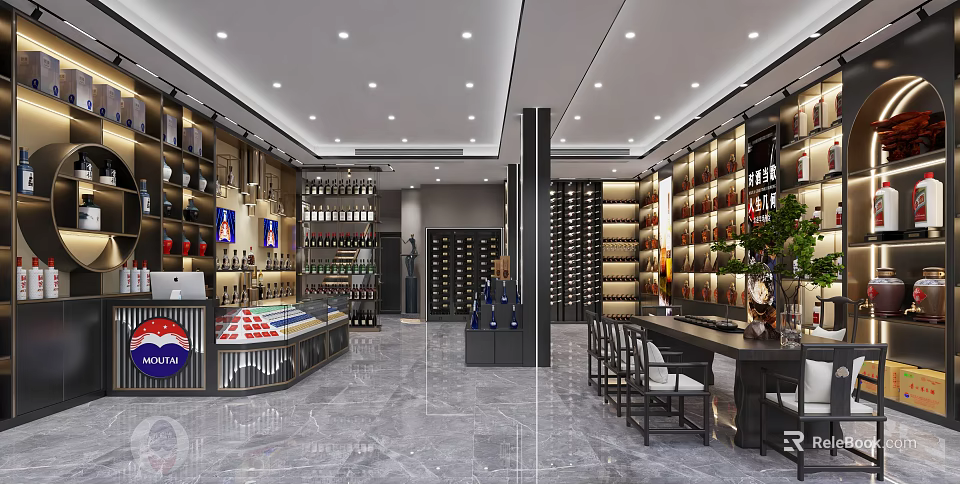 Modern Tobacco and Liquor Store Interior With Well Stocked Wine Shelves Marble Floor and Tables 3d model 