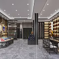 Modern Tobacco and Liquor Store Interior With Well Stocked Wine Shelves Marble Floor and Tables