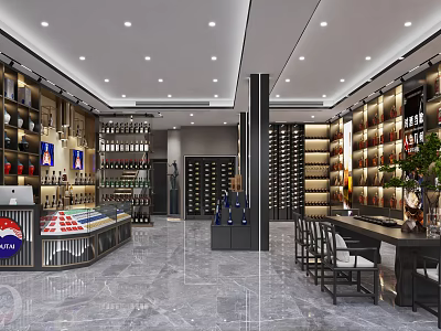 Modern Tobacco and Liquor Store Interior With Well Stocked Wine Shelves Marble Floor and Tables 3d model