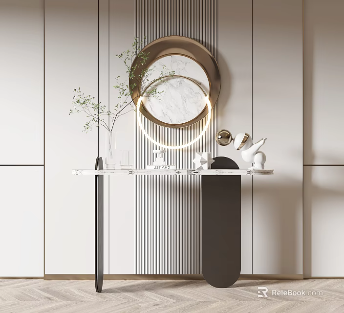 Elegant Modern Console Table With Round Mirror Green Plant And Marble Top 3d model