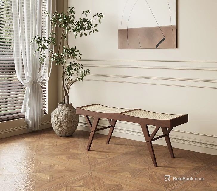 Modern Wooden Rattan Bench In Indoor Setting With Window Plant Wall Art And Herringbone Floor 3d model 