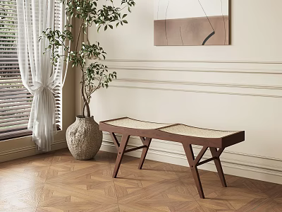 Modern Wooden Rattan Bench In Indoor Setting With Window Plant Wall Art And Herringbone Floor 3d model