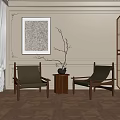 Two Green Cushioned Wooden Frame Lounge Chairs With Small Round Table And Beige Wall Art