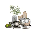 Minimalist Decorative Ornament Set With Green Plant Glass Vase Stacked Books And Table Lamp