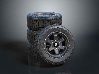 Stacked Off Road Tires With Aggressive Tread Pattern And Sturdy Wheel Rims Design 3d model