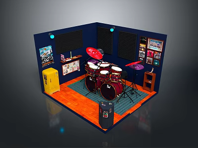 Professional Drum Set And Music Equipment In Blue Room With Orange Floor And Posters 3d model