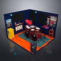 Professional Drum Set And Music Equipment In Blue Room With Orange Floor And Posters