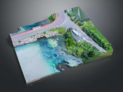 Modern 3D Landscape Model With Road River Bridge And Green Vegetation 3d model