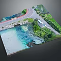 Modern 3D Landscape Model With Road River Bridge And Green Vegetation 3d model
