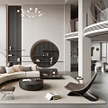 Modern Open Plan Living Dining Room Interior With Curved Sofa Round Bookshelf And Pendant Lights