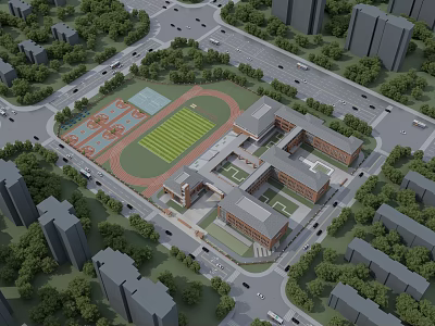 Modern School Campus With Classroom Buildings Sports Field Greenery And Urban Surroundings 3d model