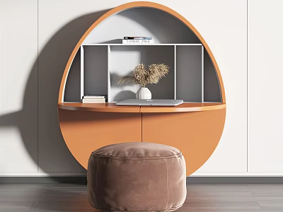 Modern Curved Desk Design with Books Dried Plant Vase and Brown Velvet Pouf 3d model