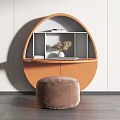 Modern Curved Desk Design with Books Dried Plant Vase and Brown Velvet Pouf