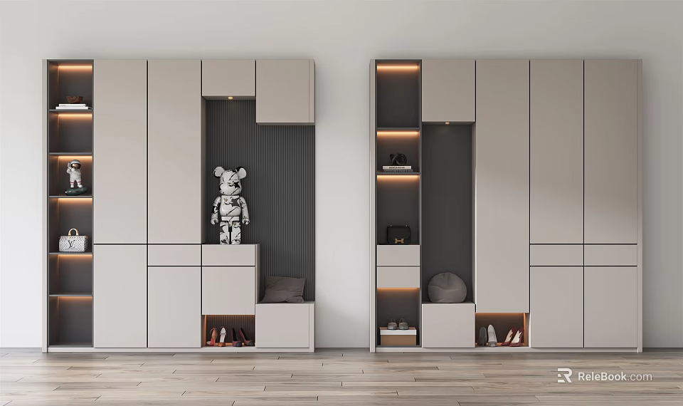 Modern Shoe Cabinet Interior Design With Sleek Modular Storage And Decorative Figurine 3d model 