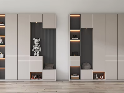 Modern Shoe Cabinet Interior Design With Sleek Modular Storage And Decorative Figurine 3d model