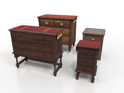 Set of Vintage Wooden Dressers With Red Upholstered Tops And Carved Legs 3d model