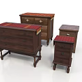 Set of Vintage Wooden Dressers With Red Upholstered Tops And Carved Legs