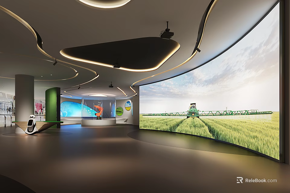 Modern Exhibition Hall Interior With Curved Screen Showing Green Field And Harvester 3d model 