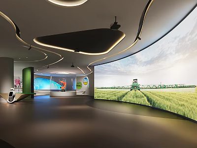 Modern Exhibition Hall Interior With Curved Screen Showing Green Field And Harvester 3d model