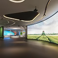 Modern Exhibition Hall Interior With Curved Screen Showing Green Field And Harvester