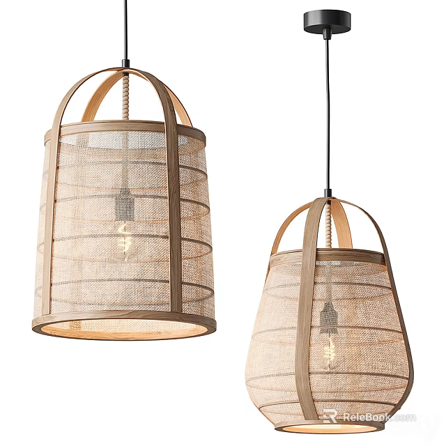 Pair Of Natural Style Pendant Lights With Wooden Frame And Linen Shade Design 3d model 