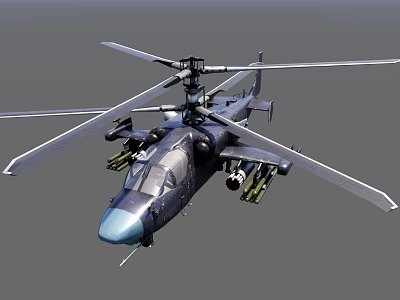 Military Attack Helicopter With Dark Colored Body Multiple Rotors And Weapon Mounts 3d model