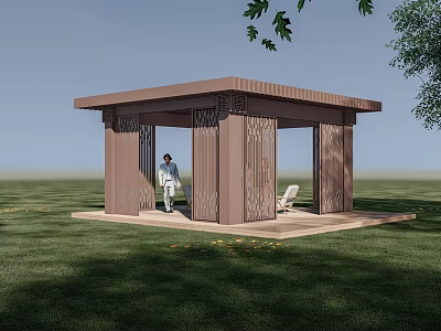 Modern Brown Pergola Structure With Open Design And Green Lawn Surroundings 3d model