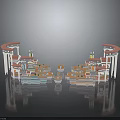 3D Model Commercial Building with Curved Tops Multiple Stalls Red Orange Blue White Symmetrical Layout