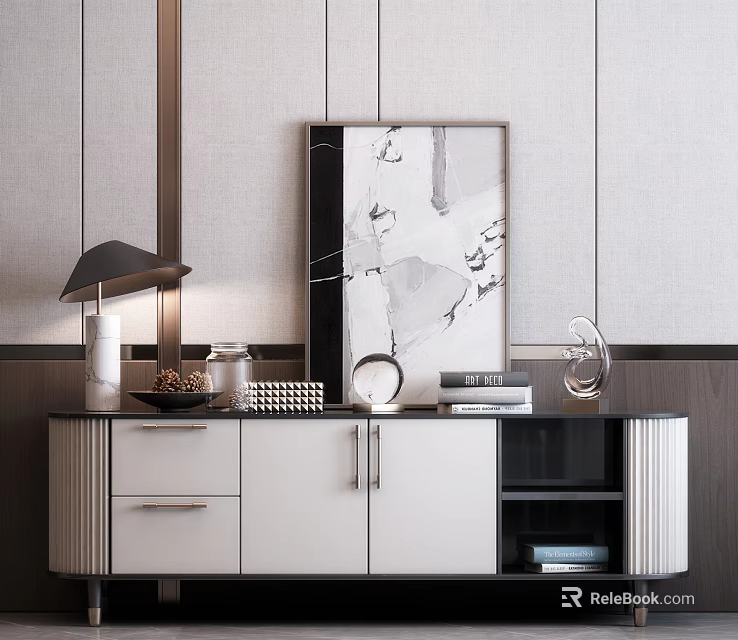 Modern TV Stand Interior Design With Drawers Cabinet Doors And Decorative Items 3d model 