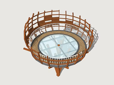 Circular Wooden Platform With Glass Skylight And Surrounding Railings Structure 3d model