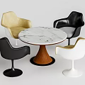 Modern Round Marble Table With Wooden Base And Multi Colored Chairs 3d model