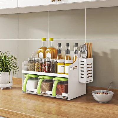 Organized Kitchen Countertop Spice Rack With Glass Condiment Bottles And Utensils 3d model