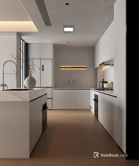 Modern White Kitchen Interior With Island Countertop And Cabinet Lighting 3d model 