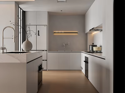 Modern White Kitchen Interior With Island Countertop And Cabinet Lighting 3d model