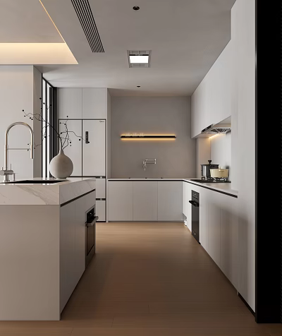 Modern White Kitchen Interior With Island Countertop And Cabinet Lighting 3d model