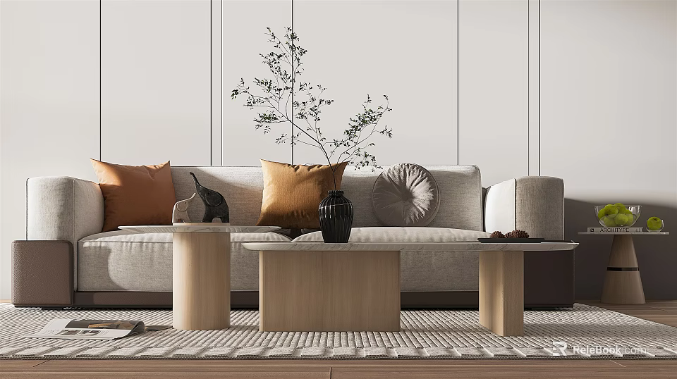 Beige Two Seater Sofa With Orange Gray Cushions Wooden Coffee Tables And Decorative Plant 3d model 