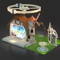 Commercial Equipment Display Setup With Windmill Cottage Arched Structure And Fountain Decorations