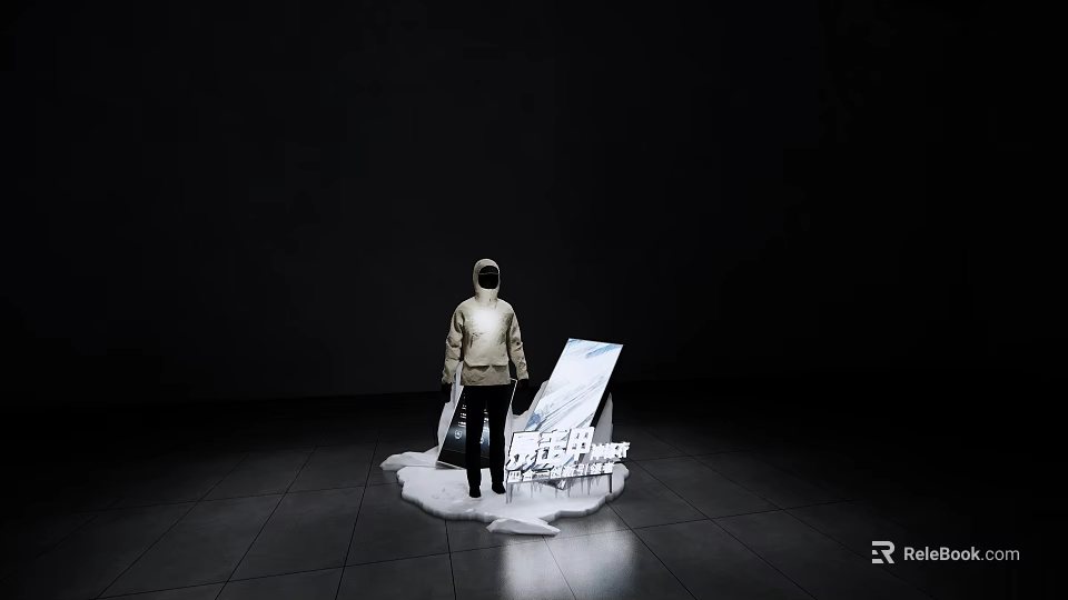 Contemporary Art Installation With Standing Figure Slanted Board And Underground Text In Dark Exhibition Space 3d model 