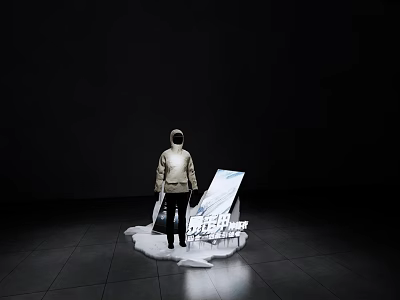 Contemporary Art Installation With Standing Figure Slanted Board And Underground Text In Dark Exhibition Space 3d model