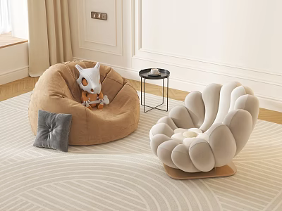 Brown Bean Bag and Light Gray Petal Design Single Sofas in Living Room Carpet Setting 3d model