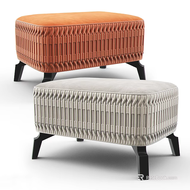 Modern Style Ottoman With Woven Texture Orange And Light Gray Colors And Black Legs 3d model 