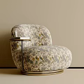 Elegant Floral Pattern Accent Chair With Beige Fabric And Metal Frame Side Table